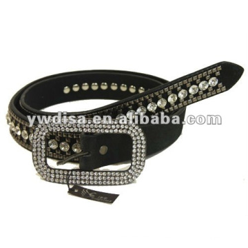women's PU belt with black PU, clear rhinestones, rivets, alloy accessories with gun-metal plated